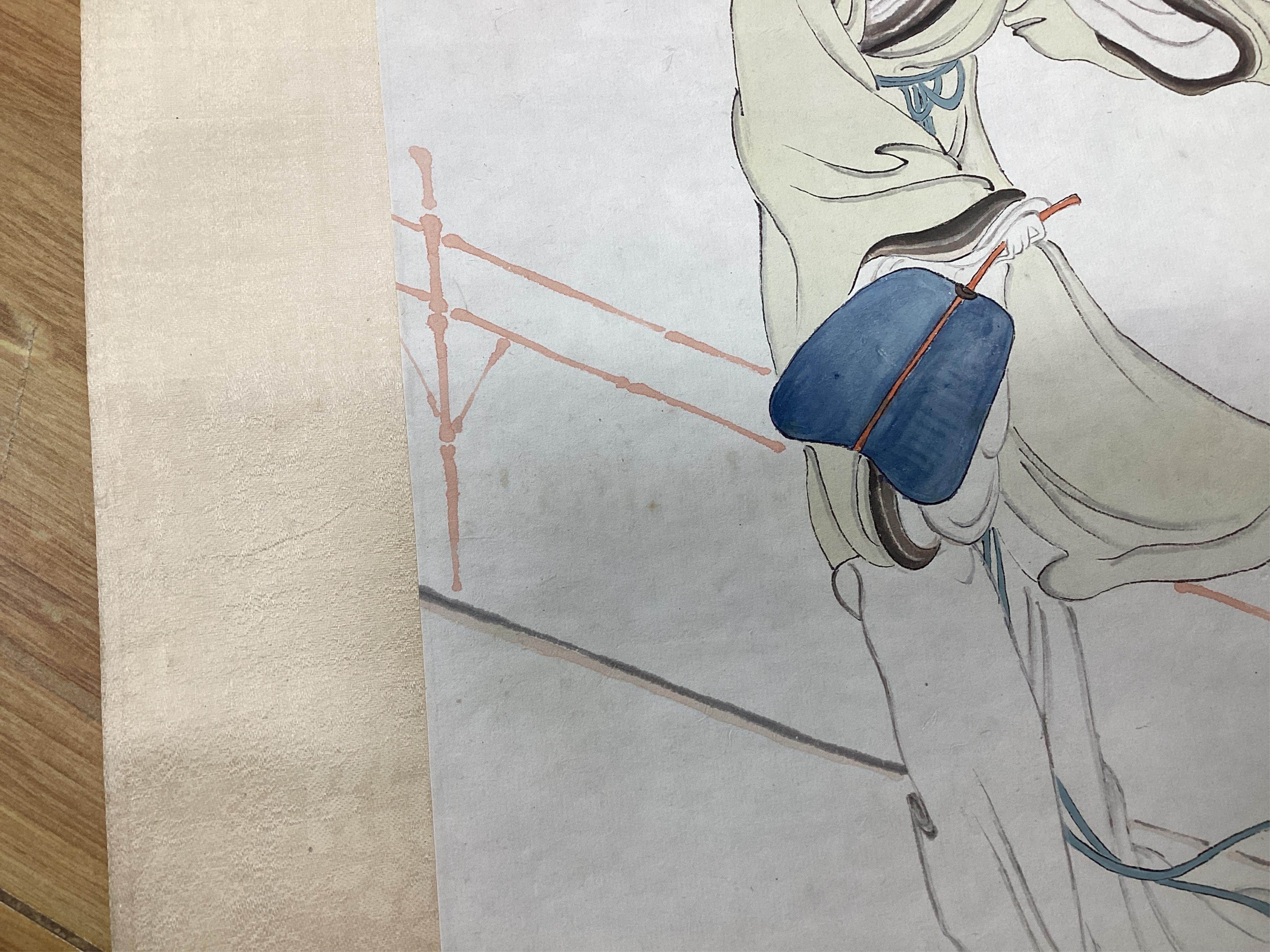 A set of four Chinese scroll paintings of ladies before landscapes, 48cm wide. Condition - fair